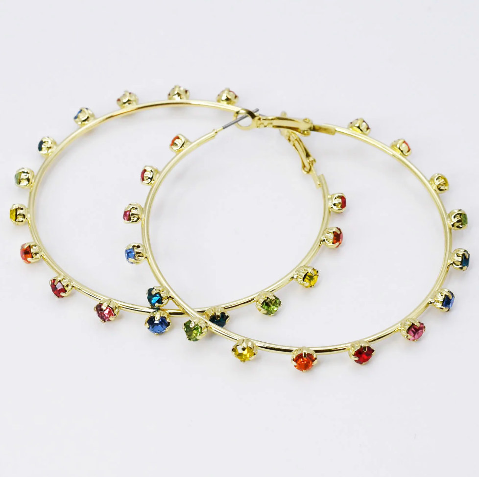 Gold Hoop Earrings with Multicolor Gems