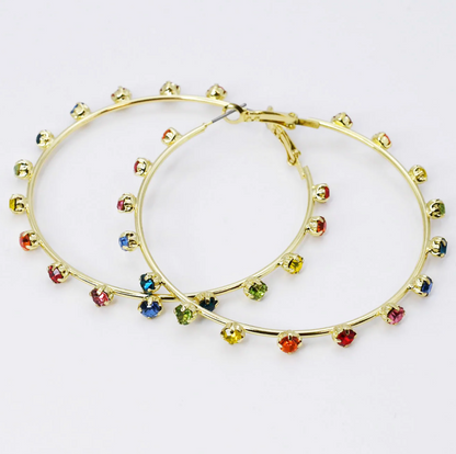Gold Hoop Earrings with Multicolor Gems