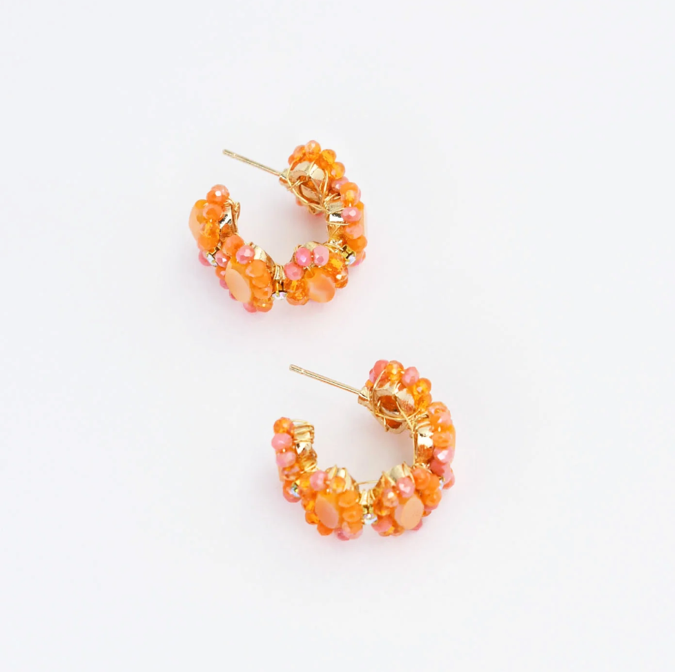 Orange Hand-Beaded Hoop Earrings