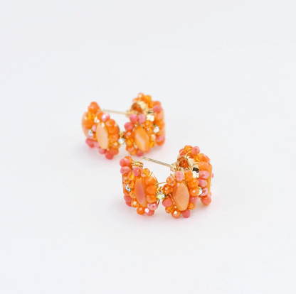Orange Hand-Beaded Hoop Earrings
