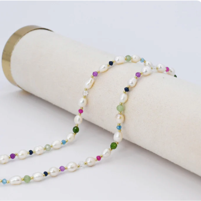 Pearl and Colorful Stone Necklace