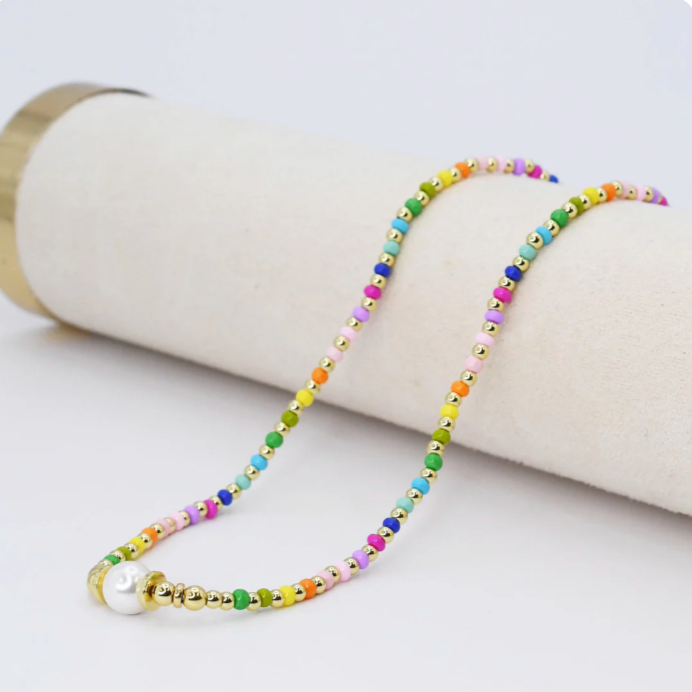 Colorful Beaded Necklace with a Pearl