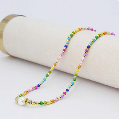 Colorful Beaded Necklace with a Pearl