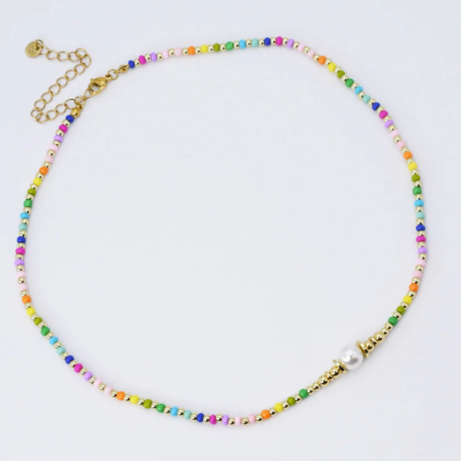 Colorful Beaded Necklace with a Pearl