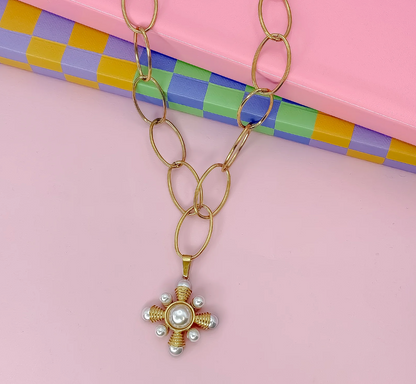 Golden Orbit Pearl Pendant Necklace