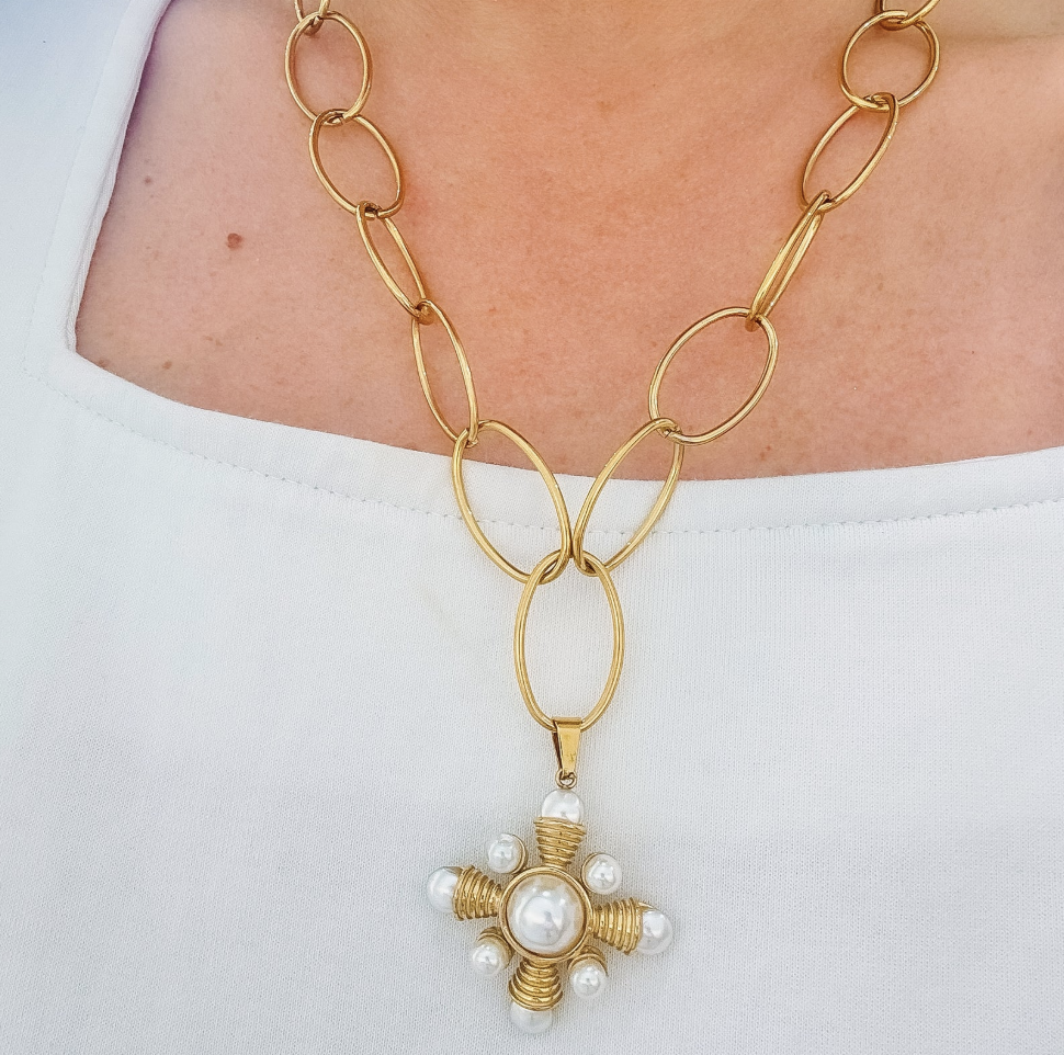 Golden Orbit Pearl Pendant Necklace