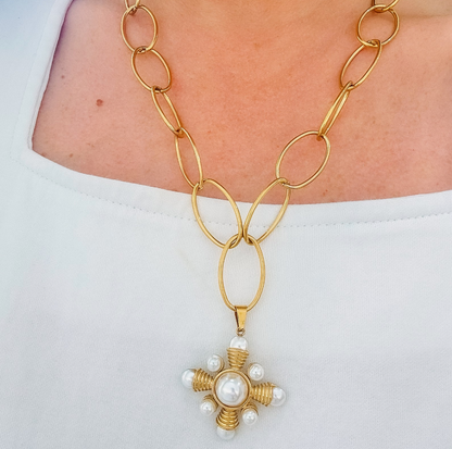 Golden Orbit Pearl Pendant Necklace