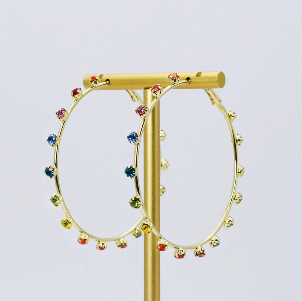 Gold Hoop Earrings with Multicolor Gems