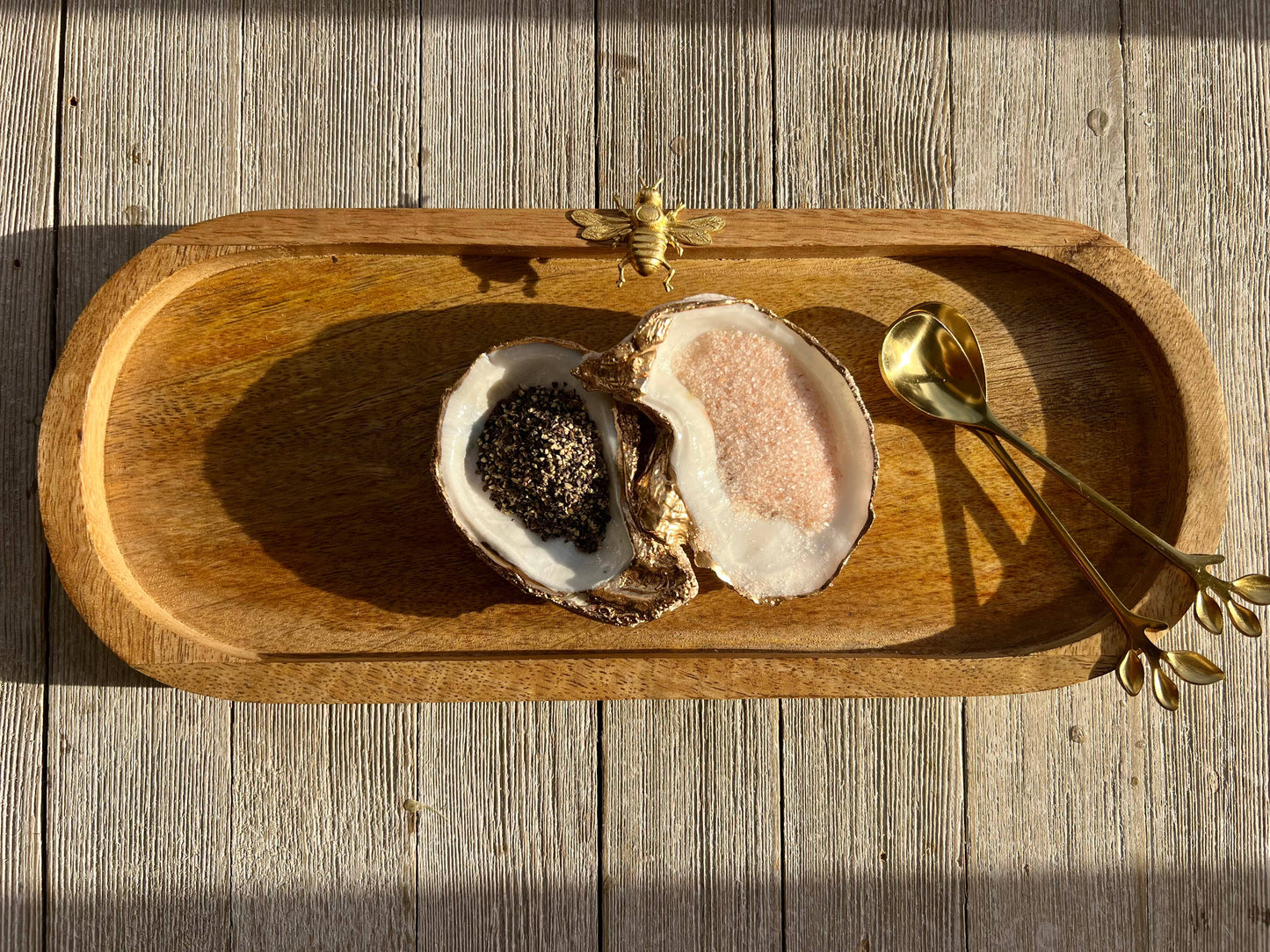 Wood Tray With Salt & Pepper Set And Oyster and Bee Embellishments
