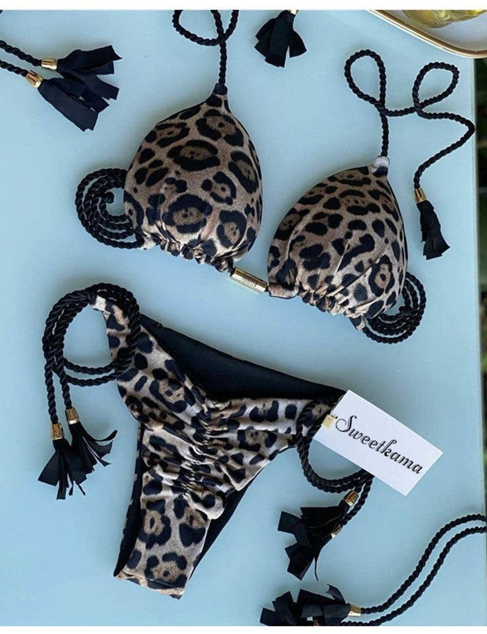 String Tie Halter Strap Bikini Set Neon/Cheetah