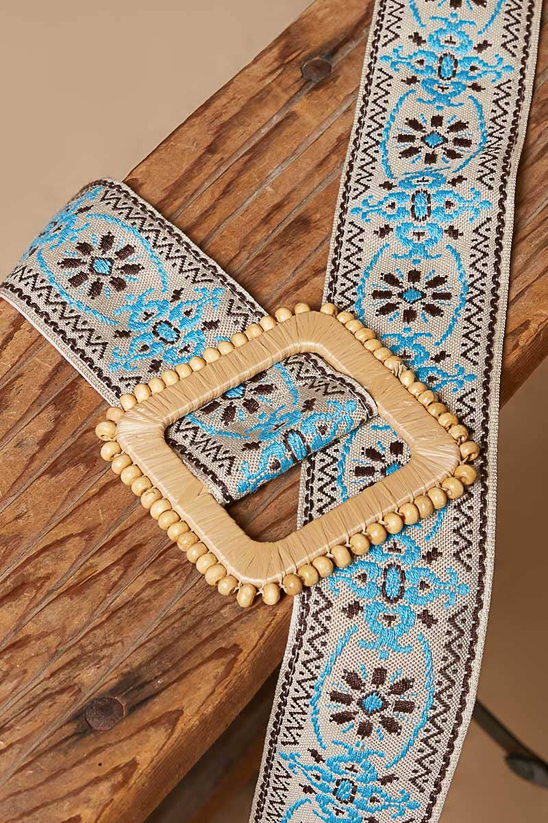 Blue/Grey Floral Pattern Square Buckle Belt