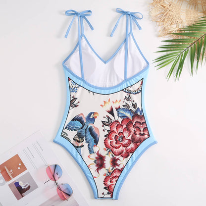 SET Shoulder Tie One Piece Swimsuit with Sarong Wrap Cover - Blue