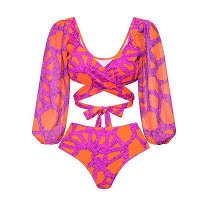 3-Piece Floral High-Waisted Long Sleeve Bikini Swimsuit with Cover Up Skirt