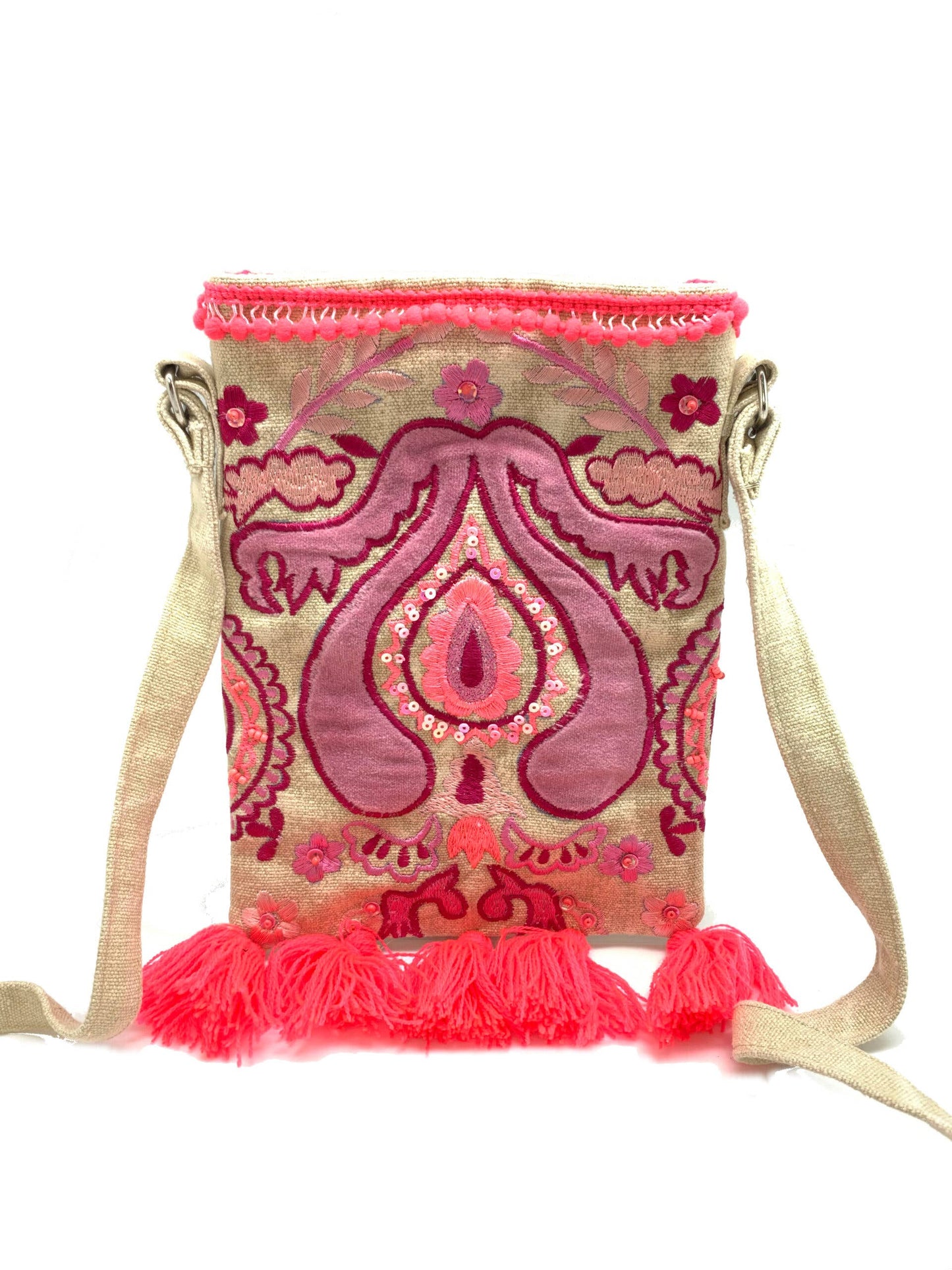 Pink Purple Embroidered Cross Body Bag