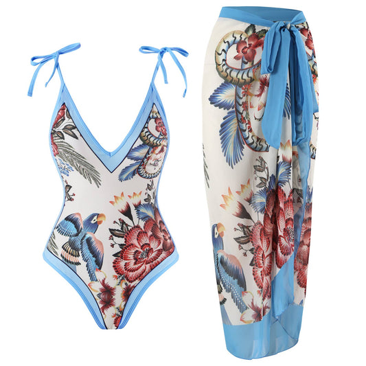 SET Shoulder Tie One Piece Swimsuit with Sarong Wrap Cover - Blue