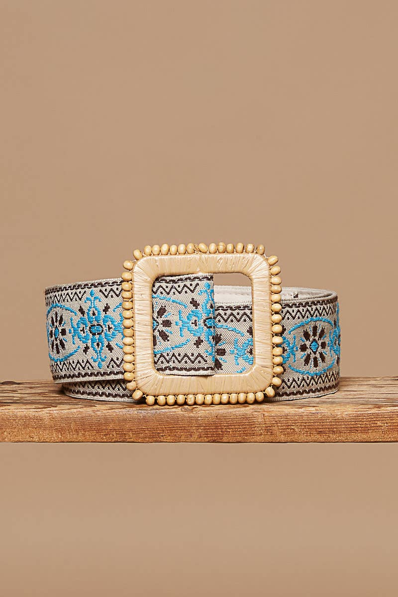 Blue/Grey Floral Pattern Square Buckle Belt