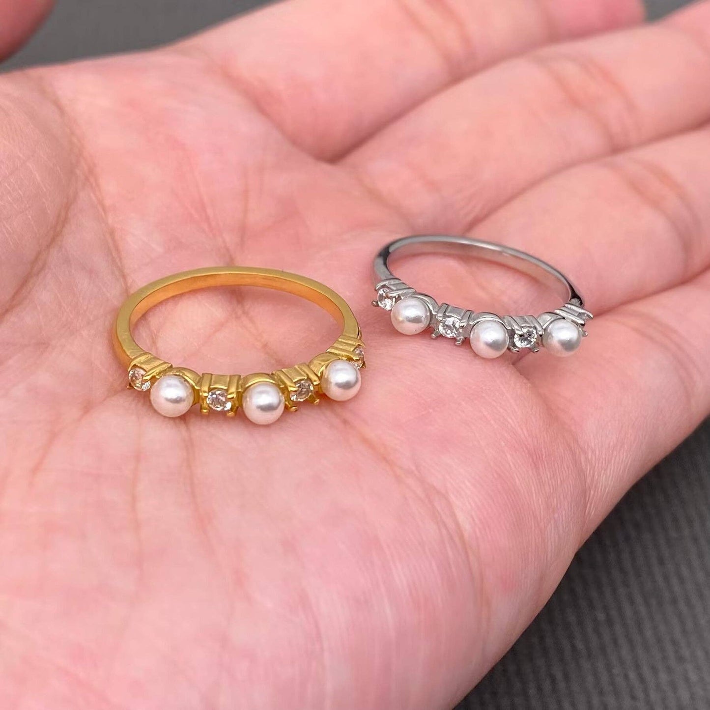 Pearl & CZ 18K Gold Plated Stainless Steel Ring
