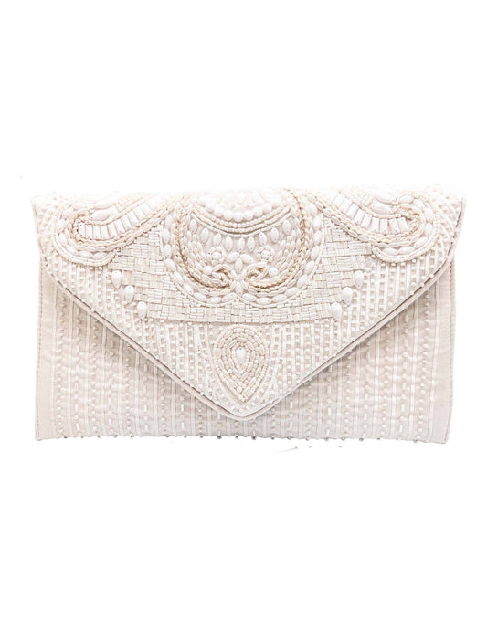 White Beaded Embellished Envelope Clutch
