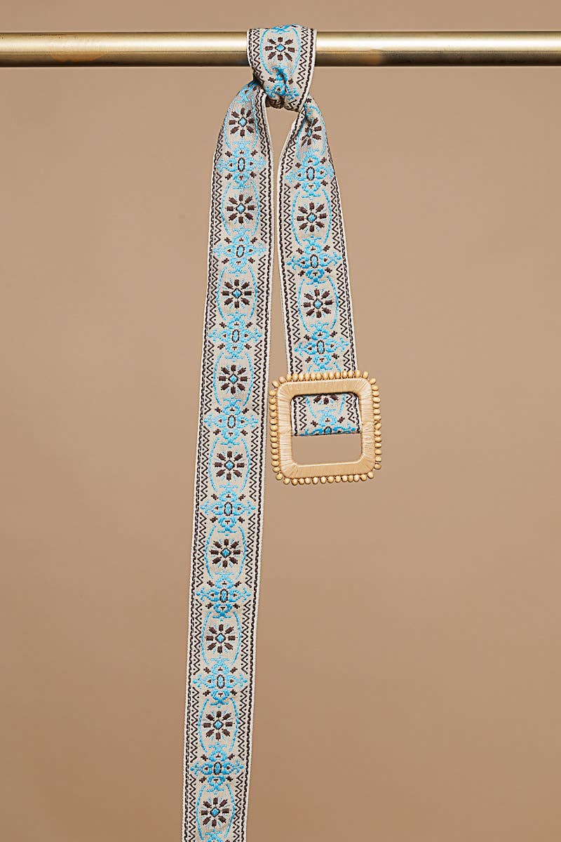 Blue/Grey Floral Pattern Square Buckle Belt