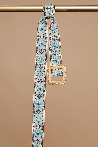 Blue/Grey Floral Pattern Square Buckle Belt