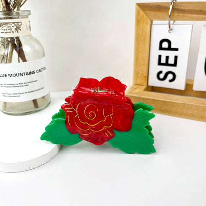 Christmas Red Rose Acetate Hair Claw Clip