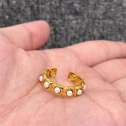 18K Golden Stainless Steel Adjustable Ring With Pearls