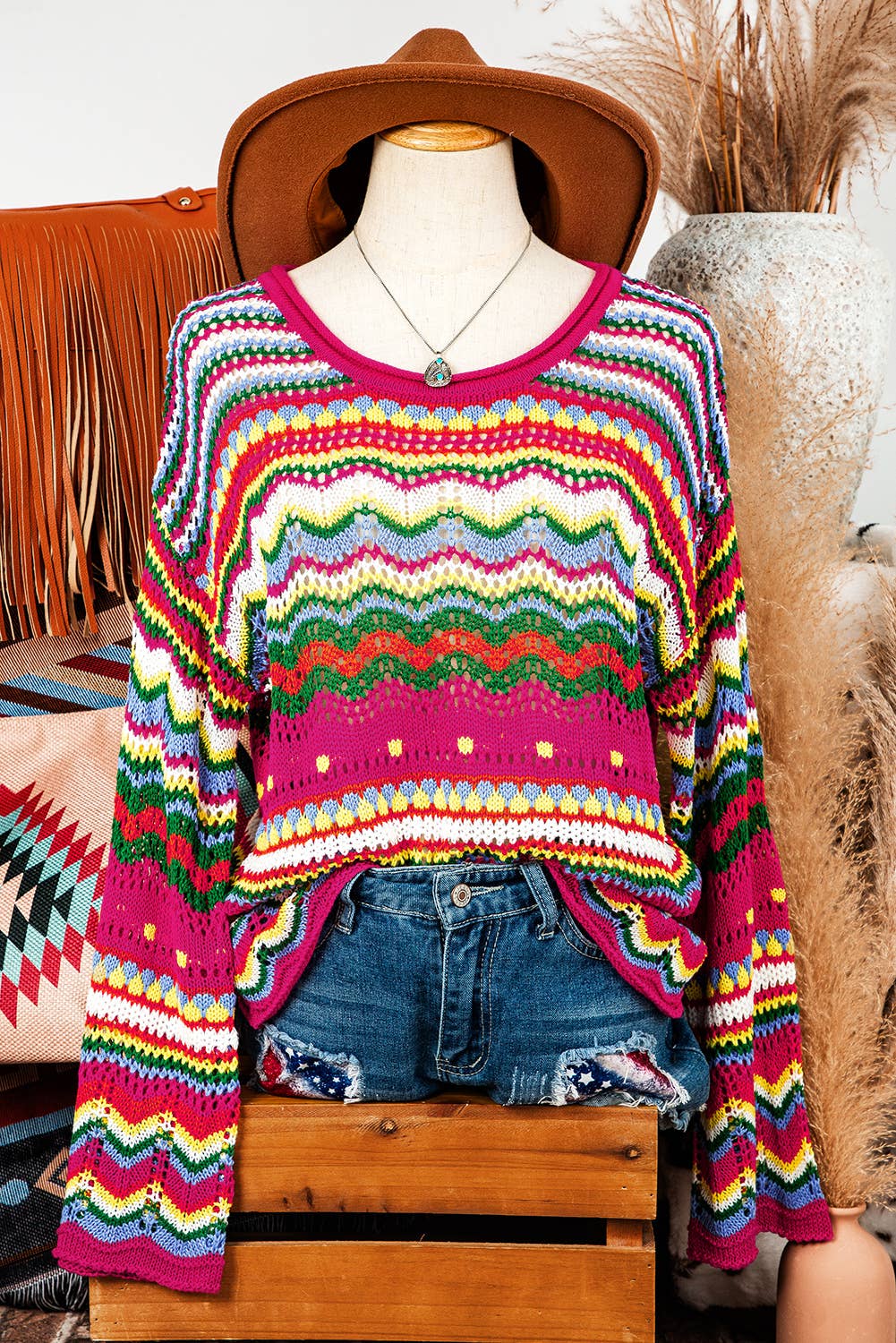 Boho Colorblock Stripe Knit Loose Sweater