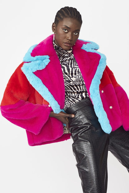 Faux Fur Colorblock Coat