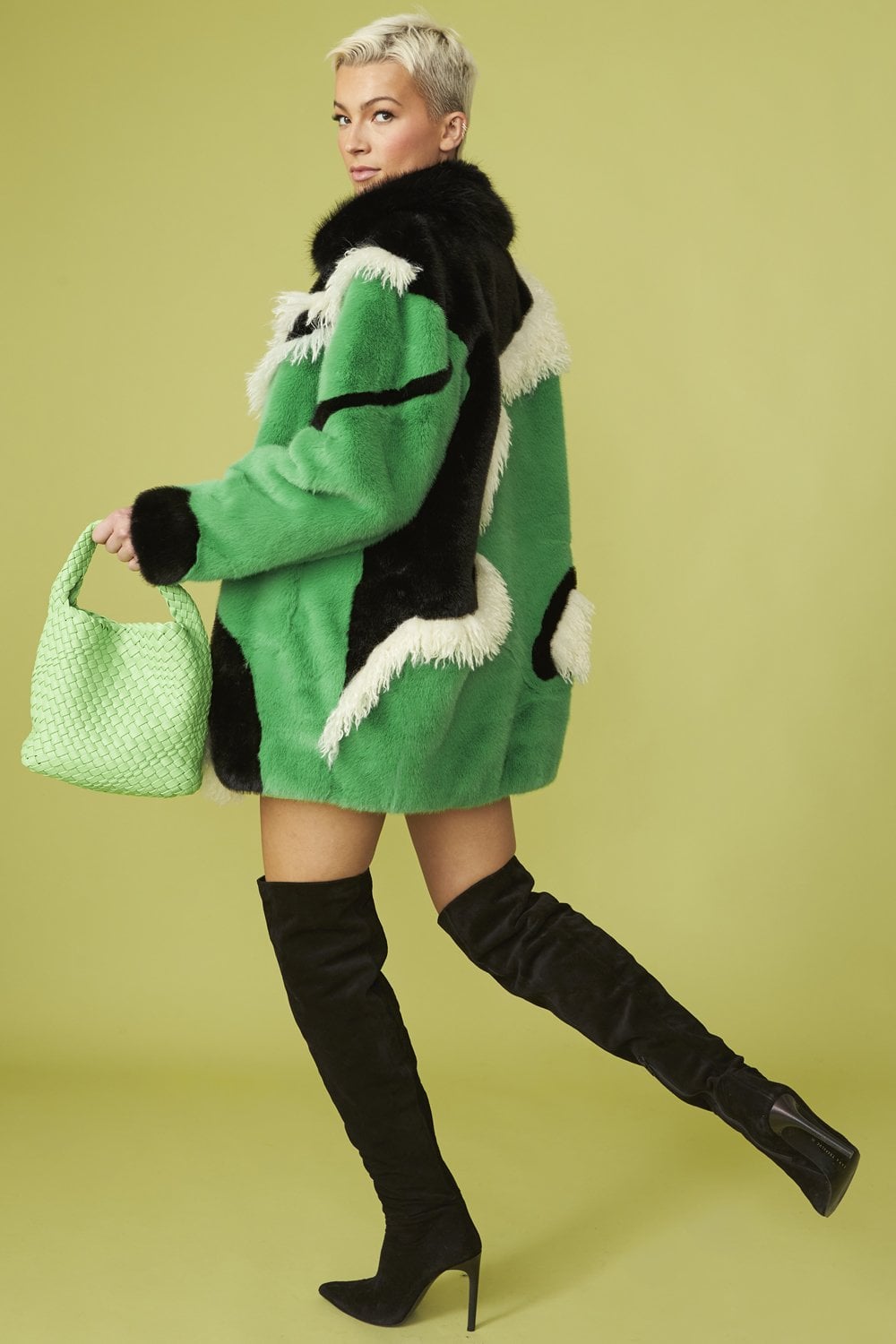 Handmade Green Mixed Mongolian and Faux Fur Coat