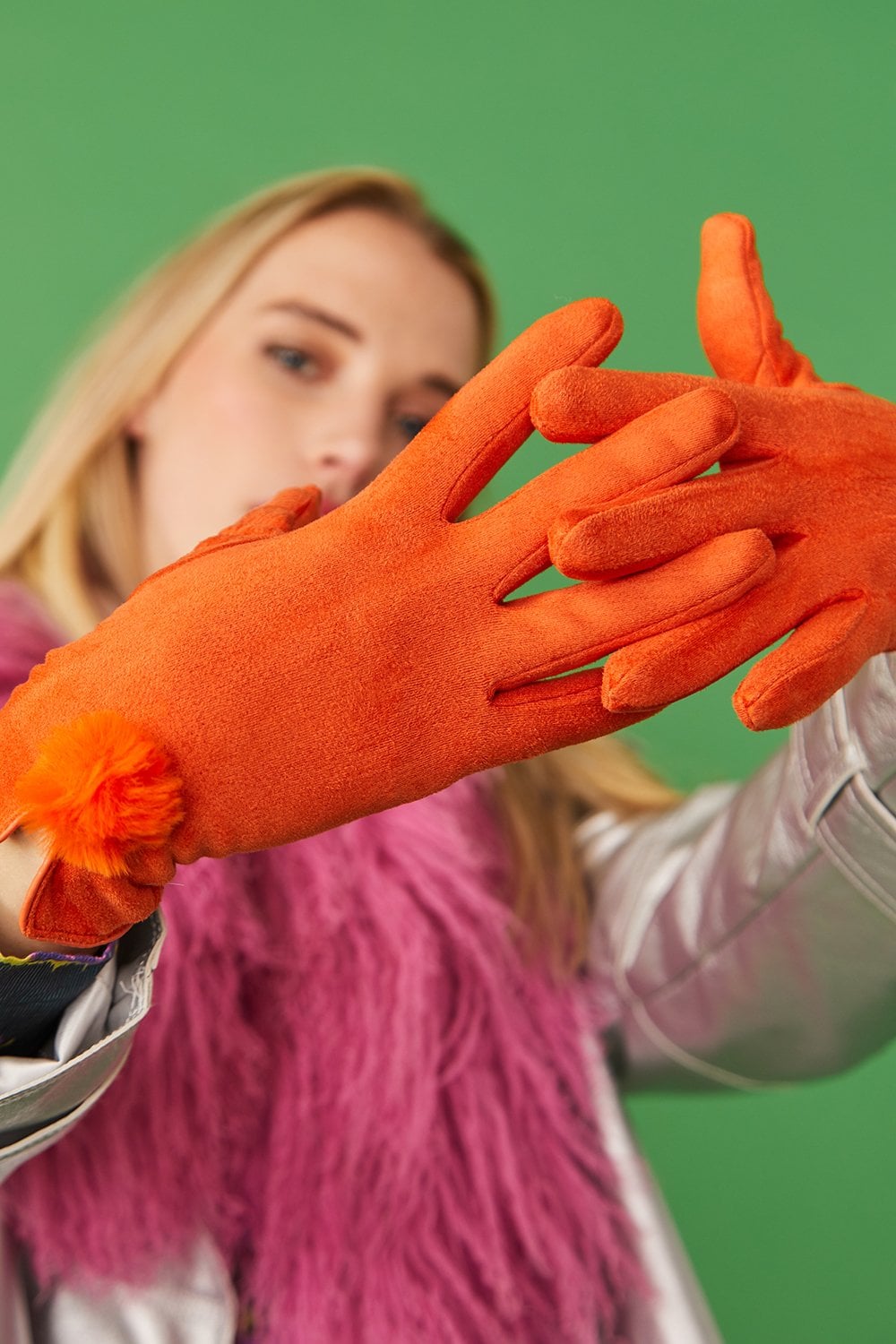 Faux Suede Gloves With Faux Fur Pom