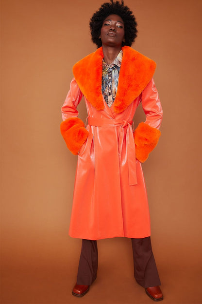 Trench Style Belted Coat with Removable Faux Fur Cuffs and Collar