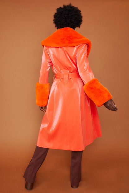 Trench Style Belted Coat with Removable Faux Fur Cuffs and Collar