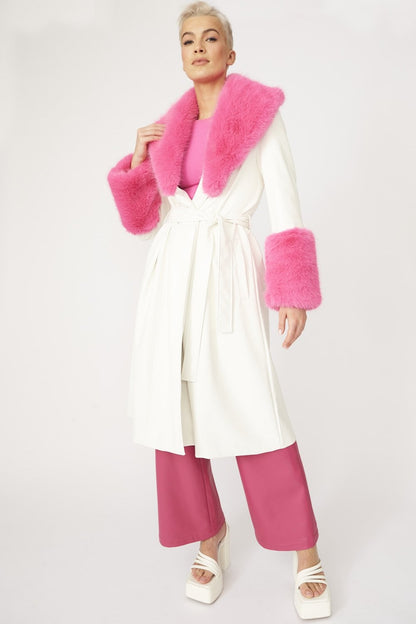 Trench Style Belted Coat with Removable Faux Fur Cuffs and Collar