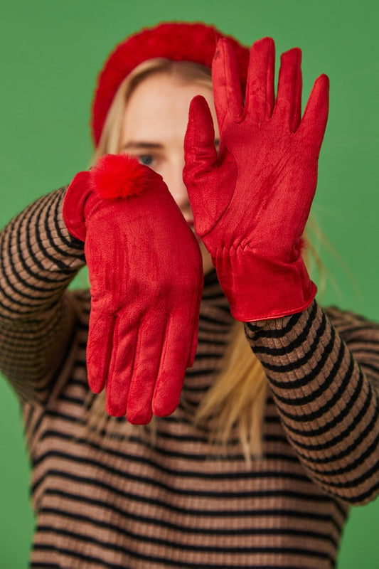 Faux Suede Gloves With Faux Fur Pom