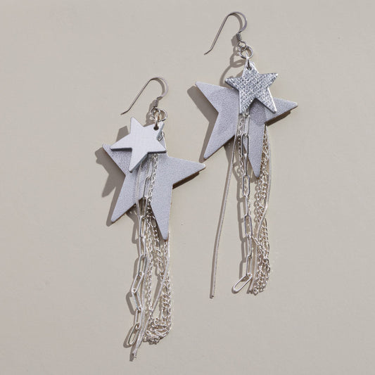 Silver Leather Stars Dangle Earrings