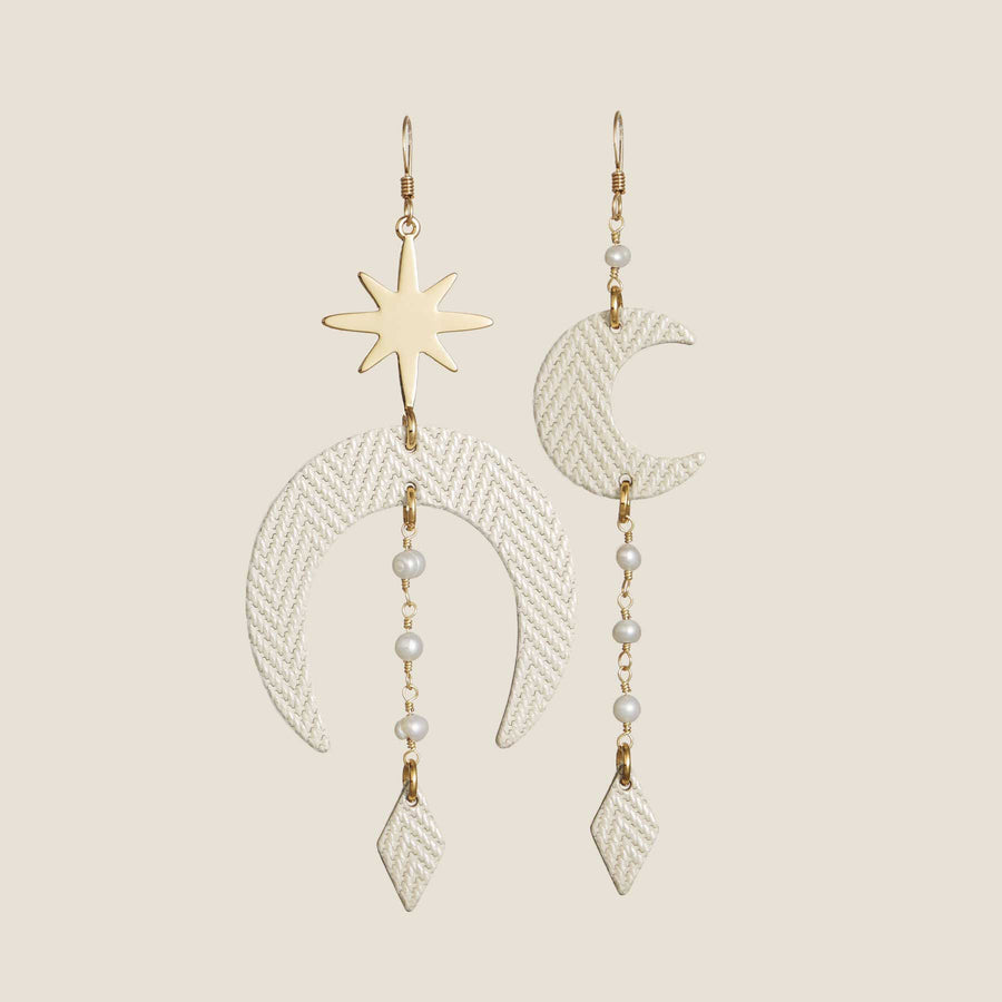 White Leather and Pearl Moon and Stars Dangle Earrings