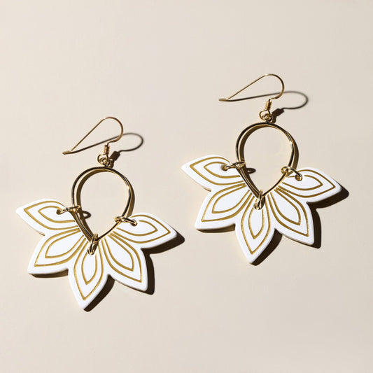 White and Gold Flower Petal Dangle Earrings